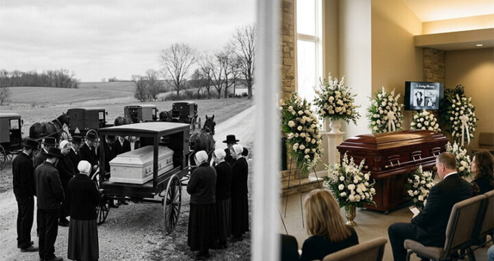 How do the funeral rites in Amish communities differ from modern secular services